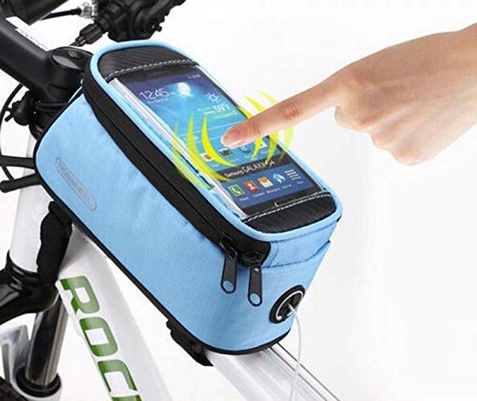 ROSWHEEL 2014 Newest Cycling Bicycle Bike Frame Pannier and Front Tube 5.5 Inch Waterproof Touch Screen Cell Phone Bag with Headphone Jack – Blue [ Fit for Iphone 5/5S/5C , Iphone 4/4S , Samsung S5 i9600 / S4 i9500 / S3 i9300 , HTC One M8 , Moto E , Amazon Fire Phone and Other Smartphones ]