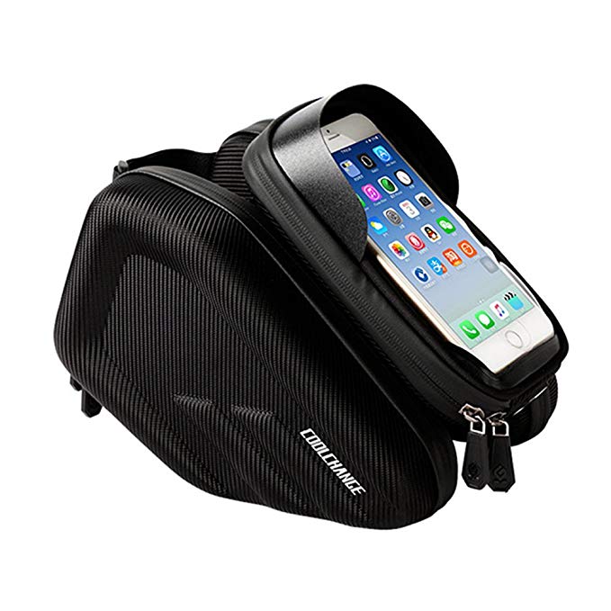 Bicycle Top Tube Bag, Waterproof Bike Frame Bag with Cell Phone Holder Unlock with Fingerprint, Bicycle Front Shelf Large Storage Bag Phone Mount Holder for iPhone 6/7/8/X Plus and Samsung 7/Note7