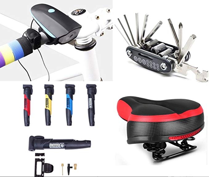 Bicycle Saddle With Dual Shock Absorbing Ball, Suspension Seat Memory Foam Cushion , plus 16 in 1 Multi-Function Bike Repair Tool Kit With a FREE Mini Pump & Horn with LED Light : Bundle – 4 Items