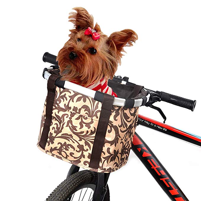 ANZOME Bike Basket, Folding Small Pet Cat Dog Carrier Front Removable Bicycle Handlebar Basket Quick Release Easy Install Detachable Cycling Bag Mountain Picnic Shopping - Brown