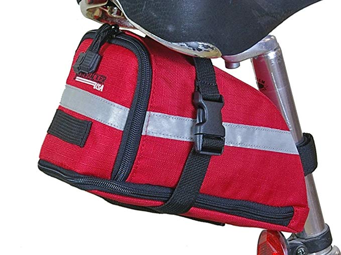 Bushwhacker Tacoma Red - Bicycle Expandable Seat Bag - w/ Reflective Trim & Light Clip Attachment - Cycling Under Seat Wedge Bike Rear Saddle Pack Frame Front Accessories