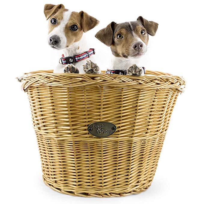 Large Willow Bicycle Basket for Dogs - Hand Crafted By Beach and Dog Co - Handlebar Bracket and Leashes Included (Assateague Large)