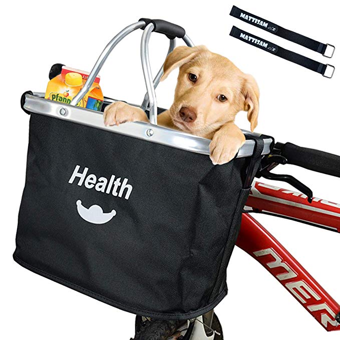 MattiSam Bicycle Basket, Folding Bike Basket Front Handlebar Bag for Cruiser, Women, Dog Carrying | Detachable - 5KG Load Capacity | with Phone Pouch, Aluminum Frame, 600D Water Resistant Oxford Cloth