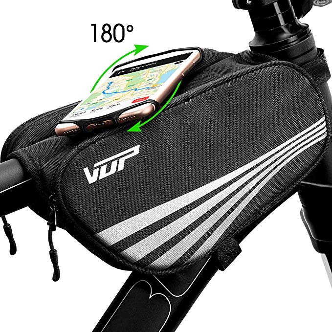 VUP Bike Bag for Top Tube, Bicycle Front Tube Frame Bags w/Open-face 180°Rotatable Silicone Strap Phone Holder Fit 4 to 6.5 inche Cell Phone, Road Bike Accessories