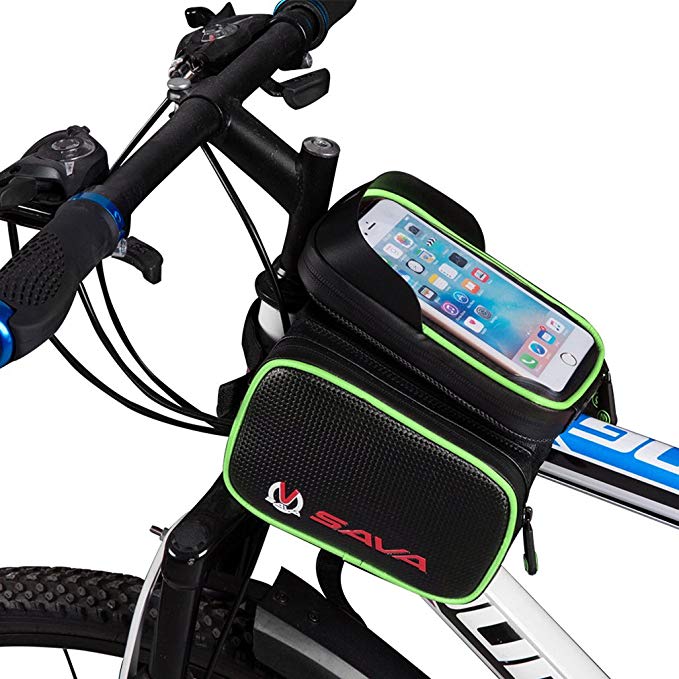 SAVADECK Water Resistant Cycling Frame Bags, Head Front Top Tube Frame Pannier Bag Double Pouch Phone Storage Bag for Cellphone Below 6.0 inch and iPod, MP3, GPS Holder