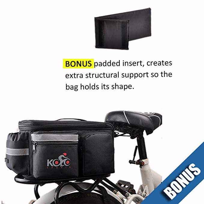 UPGRADE OCT '18: Bike Pannier Bag | Durable & Waterproof Nylon With Extra Padded Foam Bottom & 3 Side Reflectors | Shoulder Strap Rack Rear Trunk Tote Bag | Strong Velcro, Zipper Pockets & Bottle Case