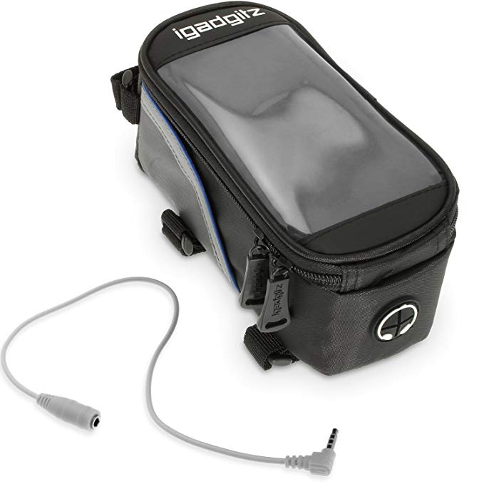 igadgitz Large Black Reflective Strip Water Resistant Front Top Tube Pannier Bike Frame Storage Bag with Samsung Galaxy Smartphone Holder