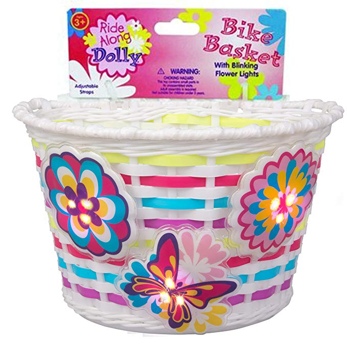 Ride Along Dolly Bike Basket with Lightups - Kid's Bicycle Basket with Three Motion Activated Blinking Flowers