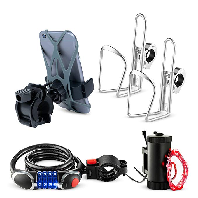 Bikes On Hikes 5 Piece Bike Accessory Kit Red - Includes Handle Bar Cup Holder (2), Led Wheel Light (1), LED Combination Lock (1), Phone Mount (1) - Perfect All in One Set for Bike/MTB Riding