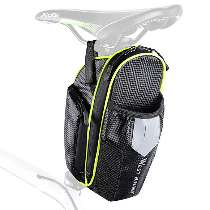 ICOCOPRO 2L Bicycle Saddle Bag, WEST Biking Bike Seat Pack with Water Bottle Pocket Reflective Waterproof, Cycling Tool Kits Storage Post for MTB/BMX