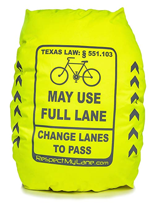 Respect My Lane Ultra-Reflective 100% Waterproof Backpack Bag Rain Cover w/High-Visibility 3M Scotchlite for Safe Day/Night Cycling.CYCLIST MAY USE FULL LANE State Law