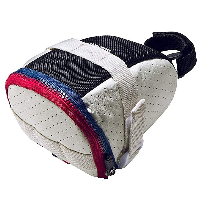 BM WORKS Mini Saddle Bag White Perforated Leather & Red/Blue Color Zipper - Beautiful Bicycle Seat Bag, Light Weight-75g only